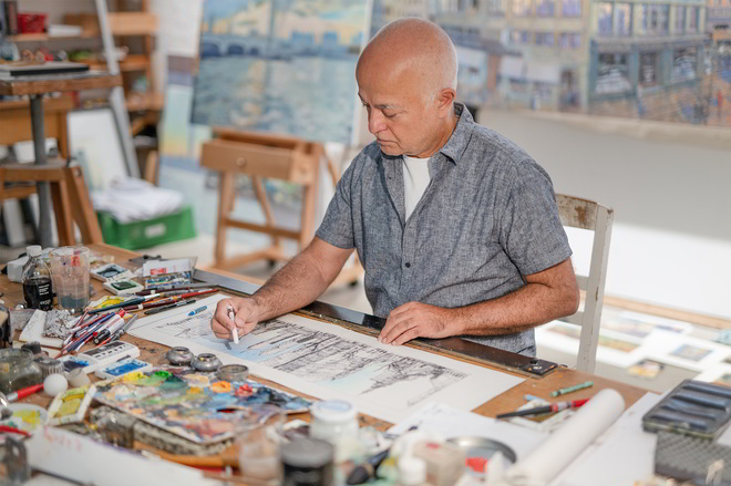 Yadegar Asisi while drawing for his Panorama 9/11
